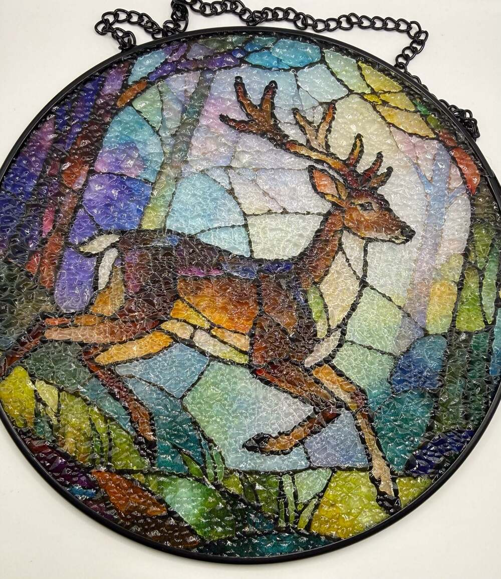 Majestic Deer in Forest Circular Stained Glass Window Suncatcher